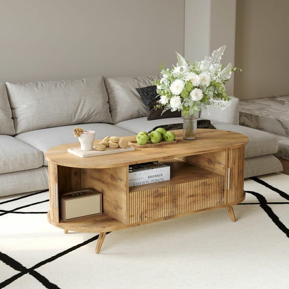 MIDOQIN 45 Inch Oval Coffee Table, Mid Century Modern Storage Center Table with Sliding Door and Wood Fluted Handle, Nature Oak