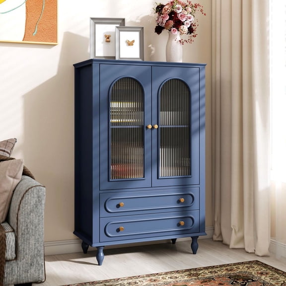 MIDOQIN 46.5" Tall Accent Cabinet with 2 Ribbed Glass Doors, Wooden Sideboard Buffet Cabinets Console Cabinet with 2 Drawers and Adjustable Shelf, Blue