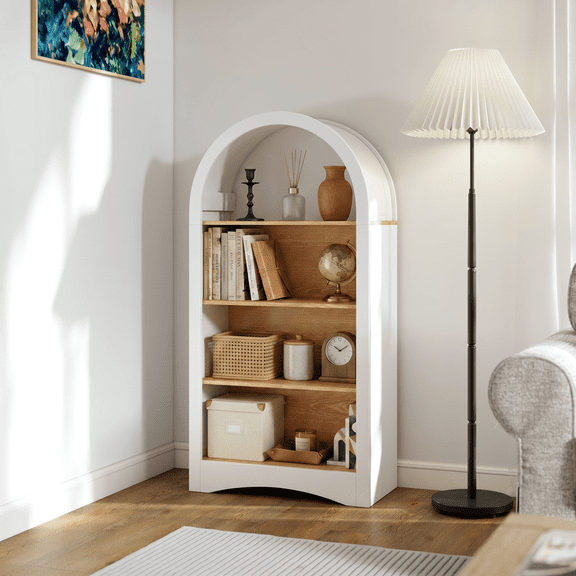 MIDOQIN 47 Inch Arched Display Cabinet, 4-Tier Wood Freestanding Curio Cabinet Display Case Showcase for Living Room, Bedroom, or Entryway, White
