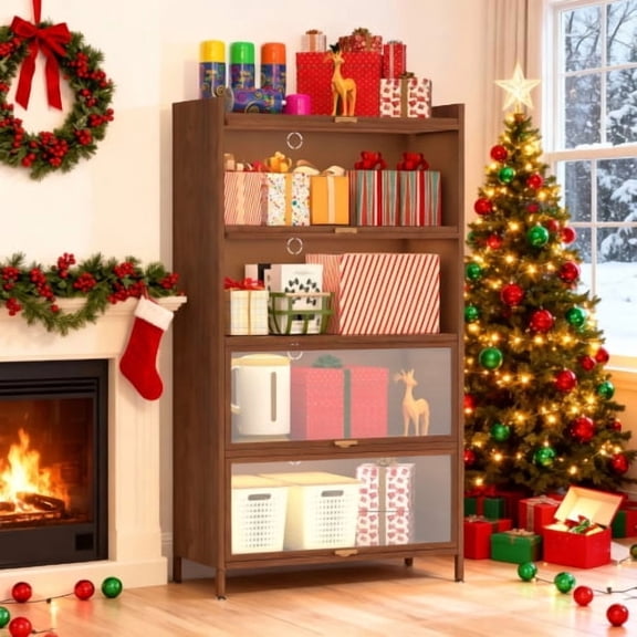 MIDOQIN  57'' Tall 4-Tier Book Shelf, Metal Bookshelf with 4 Flip Doors Bookcase for Bedroom, Office, Living Room, Hallway, Entryway