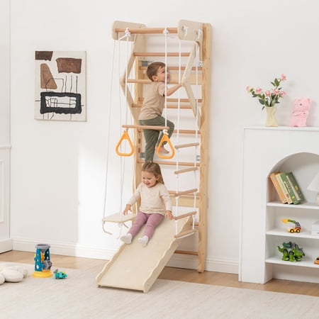 MIDOQIN 6-in-1 Wooden Indoor Jungle Gym for Kids, Wall-Mounted Swedish Ladder with Swing, Rope Ladder, Pull-Up Bar, Slide, Gymnastic Rings