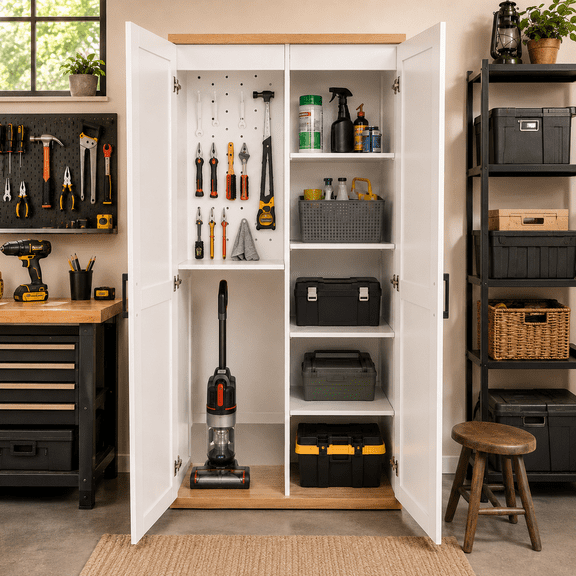 MIDOQIN 69 Inch Broom Closet Storage Cabinet, Wooden Garage Storage Cabinet Cleaning Cabinets with Adjustable Shelves and Pegboard Organizer for Laundry Room, Home,Office,White