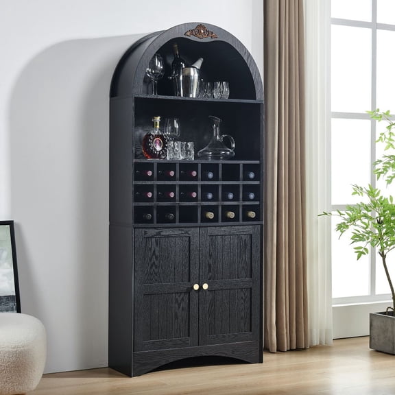 MIDOQIN 70.87" Arched Bar Cabinet with Removable Wine Rack, Wood 2-Door Wine Bar Cabinet Bookshelf Bookcase with Adjustable Shelves, Black