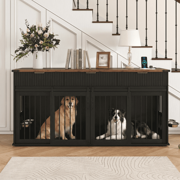 MIDOQIN 71" Dog Crate Furniture for 2 Dogs, Large Double Dog Crate Furniture Dog Kennel with 3 Fluted Drawers, Type-C Power Outlet and Rotating Feeders, Black