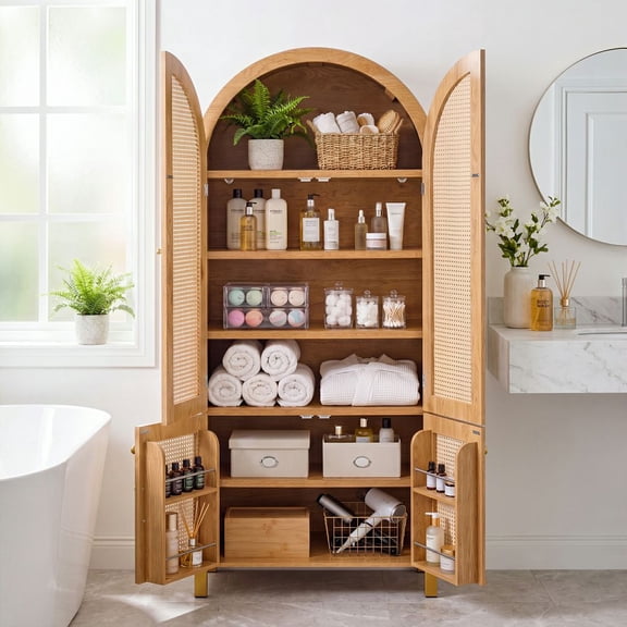MIDOQIN 71" Tall Arched Bathroom Storage Cabinet, 6-Tier Rattan Door Floor Cabinets FreeStanding Cupboard with Adjustable Shelves for Kitchen, Living Room,Bathroom Use, Oak