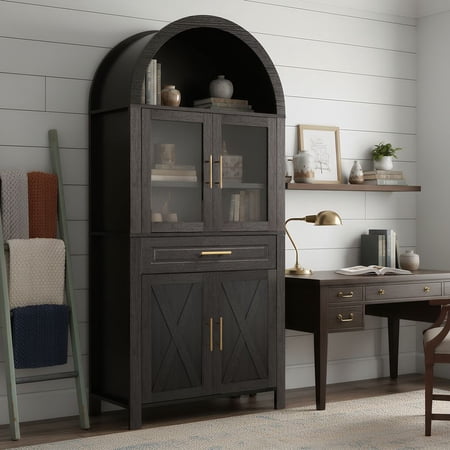 MIDOQIN 71" Tall Arched Bookcase, 5 Tier Farmhouse Arched Bookshelf with Large Drawers, Shelves, Black