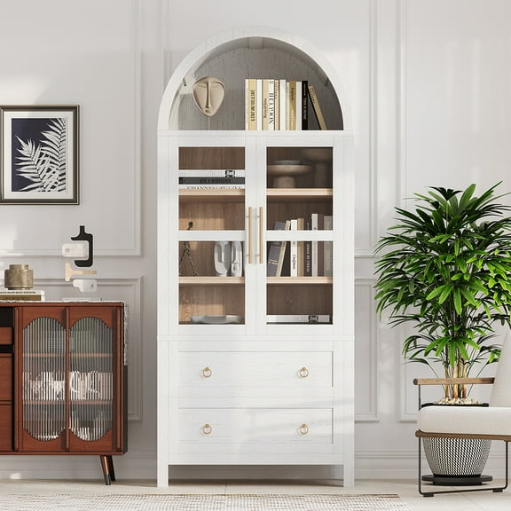 MIDOQIN 71" Tall Arched Bookshelf, Farmhouse Display Cabinet with Adjustable Shelves, Hidden Drawer & Glass Door Storage Cabinet
