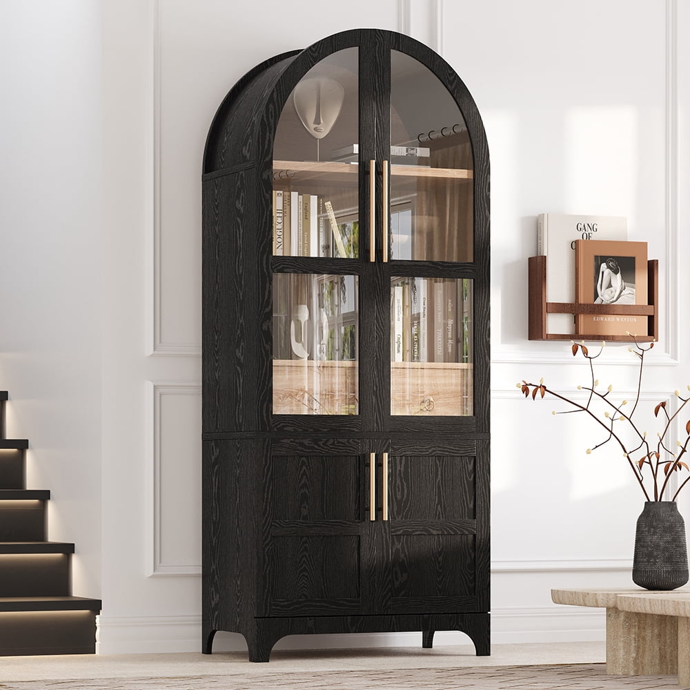 MIDOQIN 71" Tall Arched Kitchen Pantry Cabinet, Farmhouse Storage Cabinets with Adjustable Shelves, Hidden Drawer & Glass Door, Versatile Cupboard