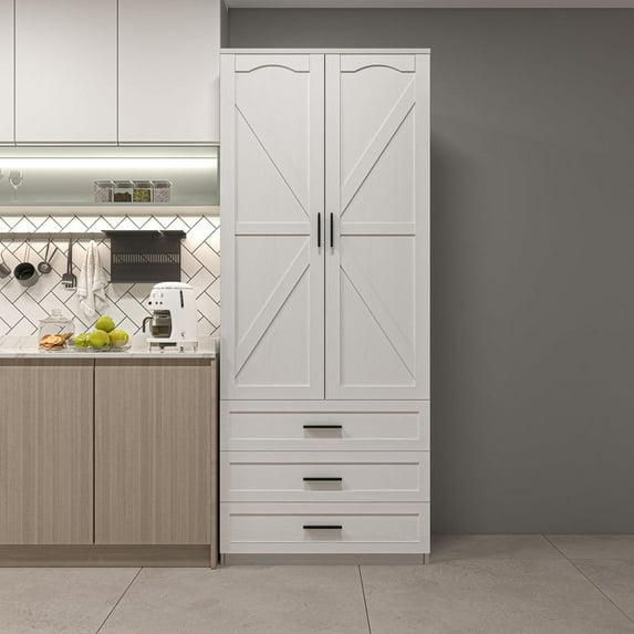 MIDOQIN 72" Tall Kitchen Pantry Cabinet with LED Lights & 3 Drawers Farmhouse Storage Cabinet Wood Food Pantry with Barn Doors and Adjustable Shelves Freestanding Cupboard for Kitchen