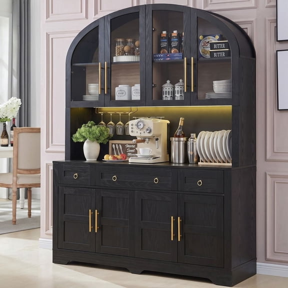 MIDOQIN 76" Tall Arched Kitchen Pantry Cabinet, 55" Wide Coffee Bar Hutch Cabinet with LED Lights, Charging Station, 3 Drawers and Adjustable Shelves for Dining or Living Room, Black