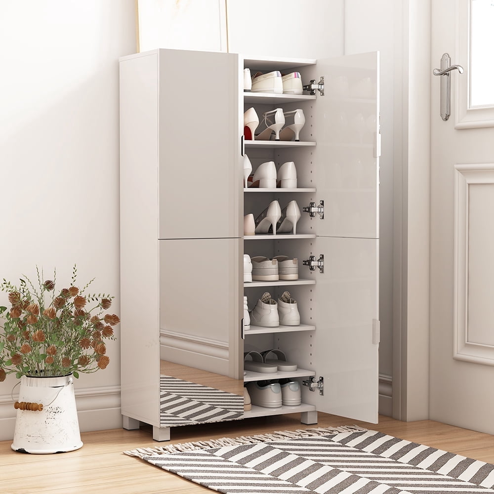 MIDOQIN 8-Tier Shoe Storage Cabinet with Mirror Door, Wood Freestanding 32 Pairs Shoe Rack Organizer for Entryway
