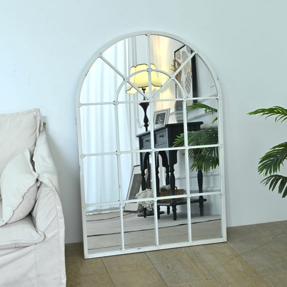 MIDOQIN Arched Wall Mirror, 31"x46" Arch Bathroom Mirror, French Window Panel Metal Frame Vanity Mirrors for Entryway, Living Room, Bedroom Home Decor, Distressed White