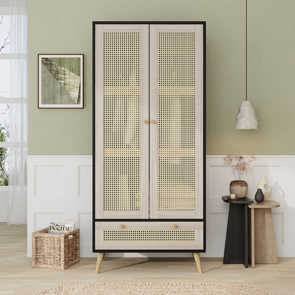 MIDOQIN Armoire Wardrobe Closet with 2 Rattan Doors, Boho Wardrobe ...