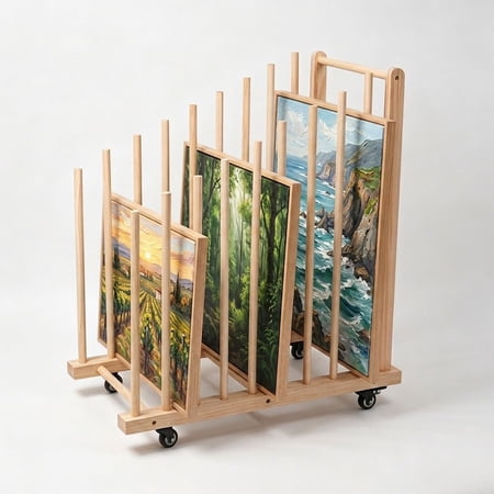 MIDOQIN Art Storage Rack with Caster Wheels, Wooden Art Drying Rack, Large Art Canvas Storage Stand for Canvas, Artwork, Prints, Panels, Posters, Art Shows & Galleries