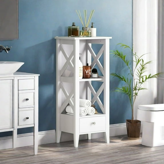 MIDOQIN Bathroom Floor Cabinet, Small Bathroom Corner Storage Cabinet with Door & Open Shelves, Narrow Toilet Paper Cabinet, Bathroom Organizer Rack Stand