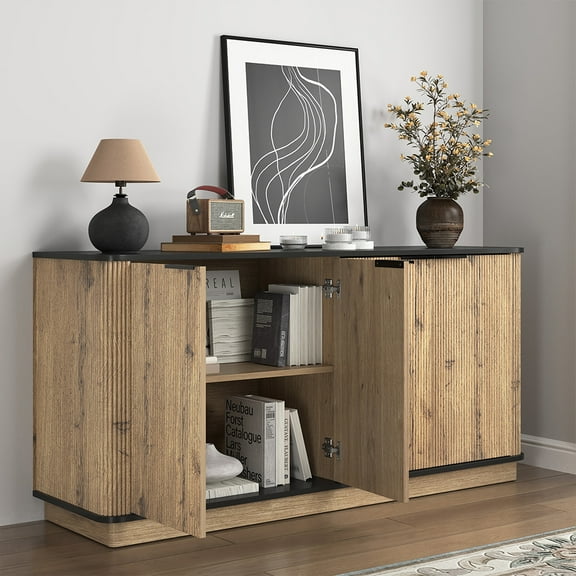 MIDOQIN Buffet Cabinet, Modern Rounded Corners Large Sideboard TV Stand and Storage Cabinet, Black Brown, 55"x15.7"x29.6"