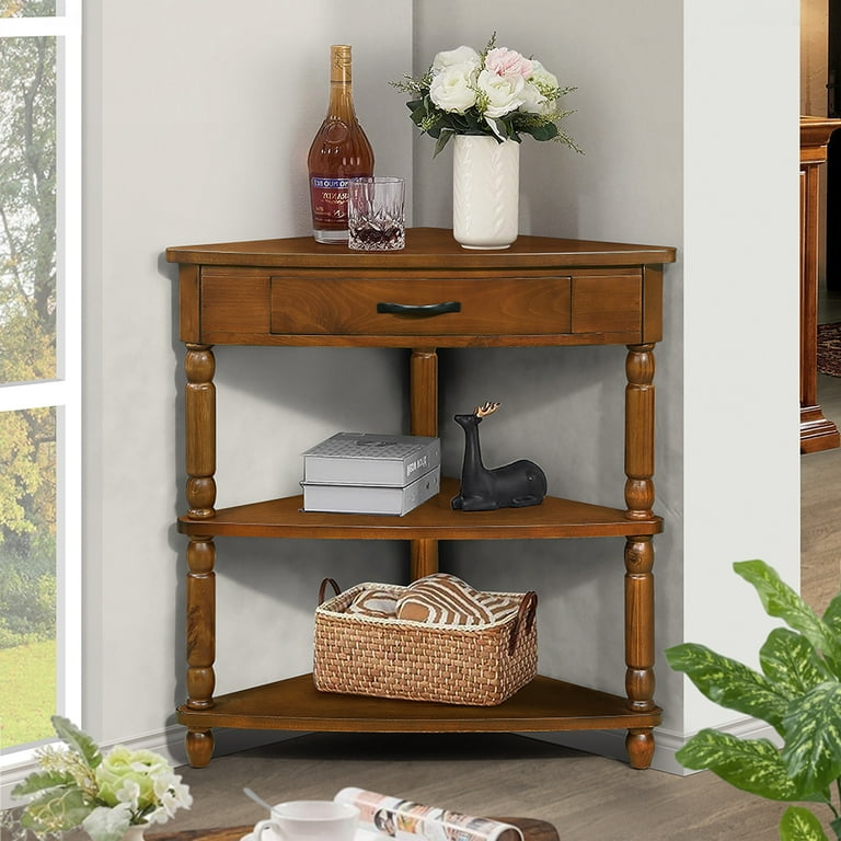 MIDOQIN Corner Table Wood Corner Desk with Storage Drawer Corner Bar Accent Table with Solid Wood Metal Frame for Small Spaces