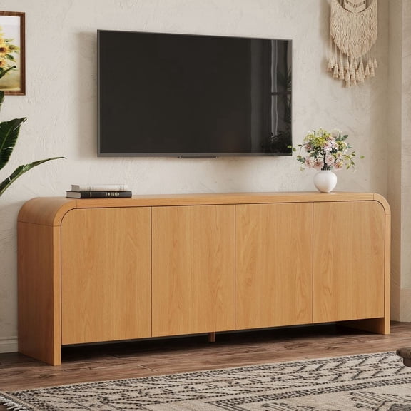MIDOQIN Curved Edge TV Stand for 70 Inch TV, Farmhouse Entertainment Center Media Console Table with Push-to-Open Cabinets and Adjustable Shelves, Natural