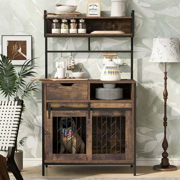 MIDOQIN Dog Crate Furniture with Storage Shelves, Industrial Indoor Wooden Dog Kennel, Pet House End Table