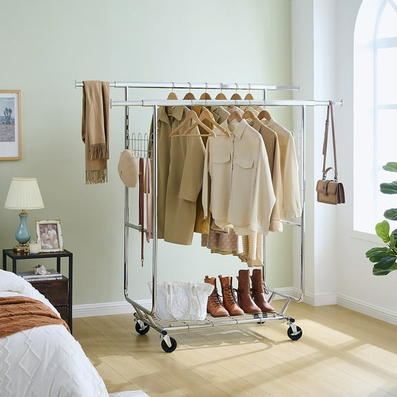 MIDOQIN Double Clothing Garment Rack, Heavy Duty Clothes Rack for Hanging Clothes with Clothing Racks on Wheels Portable Collapsible Commercial Garment Rack