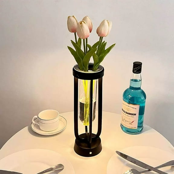 MIDOQIN Flower Light, Battery Operated Vases Table Lamp, USB Charge Dimmable Flower Desk Lamp with Glass Vase Floral Night Light