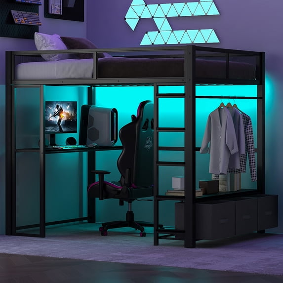 MIDOQIN Full Size Gaming Loft Bed with LED Desk, Metal Loft Bed Frame with Open Wardrobe & 3 Linen Storage Drawers