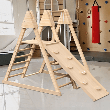 MIDOQIN Indoor Jungle Gym, 4-in-1 Toddler Climbing Toys with Baby Swing, Slide, Ladder, and Climbing Wall - Foldable Wooden Indoor Playground for Kids