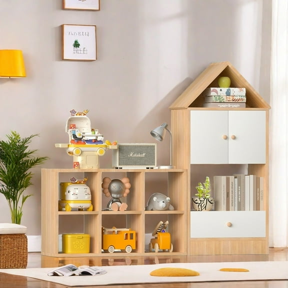 MIDOQIN Kids Bookshelf with Reading Nook, Wooden Kids Bookcase with Detachable Cushions, Toy Storage Organizer with 9 Cubes & 2 Doors Toddlers Playhouse Cabinet Shelf