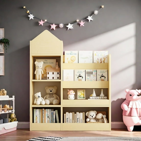 MIDOQIN Kids Bookshelf and Toy Storage with Bookcase, Wooden Book Shelf for Kids Rooms with 6 Compartments & 2 Baskets Bins Multi Toy Storage Organizer for Playroom, Bedroom