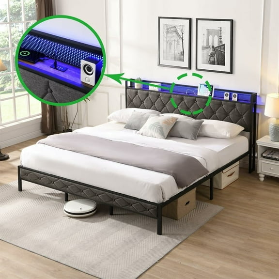 MIDOQIN King size Bed Frame with Charging Station and LED Lights, Metal Platform Bed with Upholstered Headboard Storage Shelves, Heavy Duty Metal Slats No Box Spring Need, Noise Free