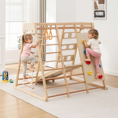 MIDOQIN Ladder Wall Gym & Climber – Featuring a Rock Climbing Wall, Wooden Swings, Gymnastic Rings, Rope Ladders, and Stretching Equipment, Heavy Duty 176 lbs Capa