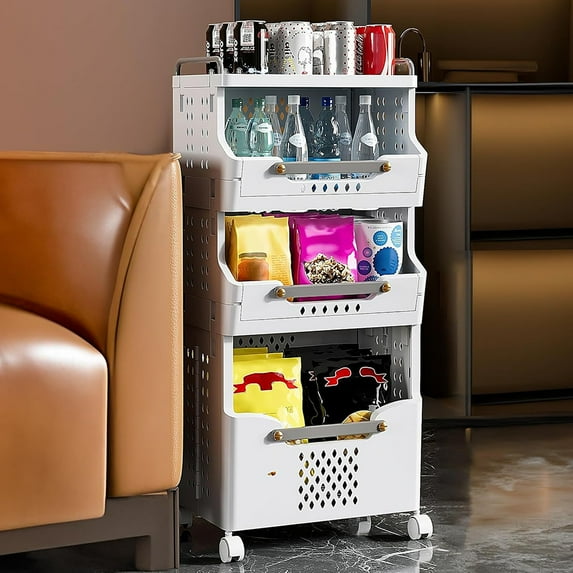 MIDOQIN Laundry Basket with Wheels, Rolling Folding Laundry Hamper, Utility Cart, Kitchen Storage Cart, Stackable Storage Bins Open Front, Plastic Laundry Room Organization