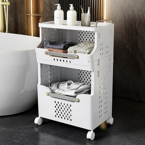 MIDOQIN Laundry Basket with Wheels, Rolling Folding Laundry Hamper, Utility Cart, Kitchen Storage Cart, Stackable Storage Bins Open Front, Plastic Laundry Room Organization