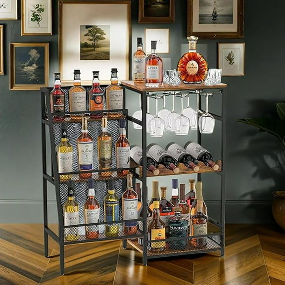 MIDOQIN Liquor Stand for Home Bar, Wine Rack Freestanding Floor, Mini Bar Table for Liquor Whiskey Wine, 3-Tier Trapezoidal Liquor Bottle Display Shelf