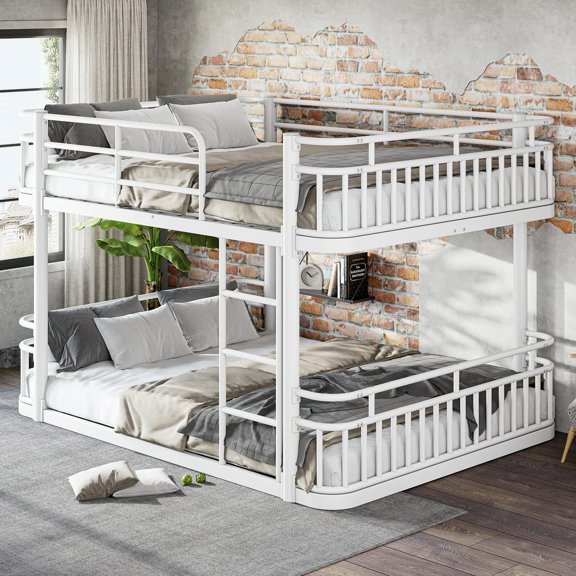 MIDOQIN Low Bunk Bed Queen over Queen, Upgraded Round-Pipe Metal Floor Bunk Bed Loft Bed Frame with Ladders & Full Guardrails for Teens & Adults, White