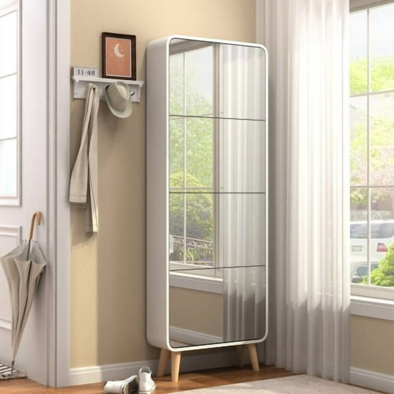 MIDOQIN  Mirror Shoe Cabinet with 4 Flip Drawers, Narrow Shoe Rack Cabinet, Modern Hidden Shoe Organizer Cabinet for Entryway