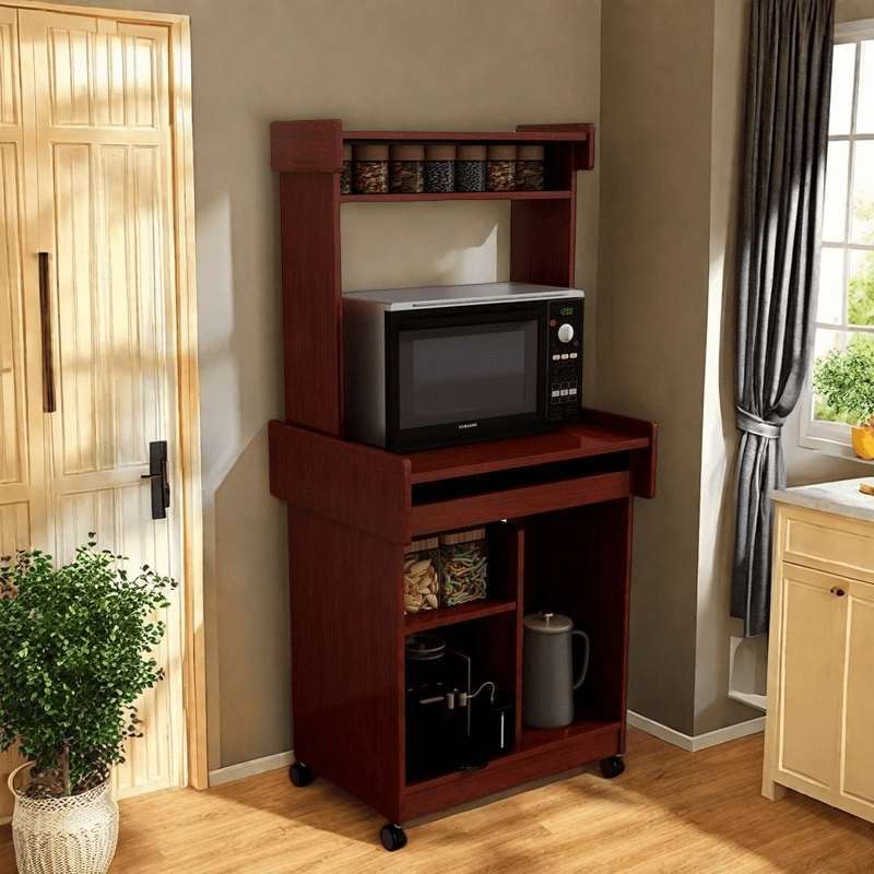 MIDOQIN Mobile Kitchen Storage Island on Wheels, Wood Microwave Stand with Storage & Gliding Shelf Coffee Bar Cabinet