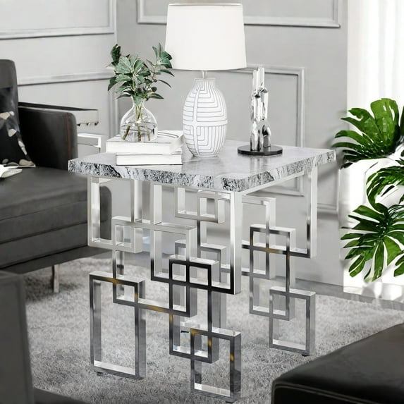 MIDOQIN Modern End Table, Square Living Room Side Table with Imitation Stone Texturetop & Gold Mirrored Metal Geometric Base Tea Table Coffee Table