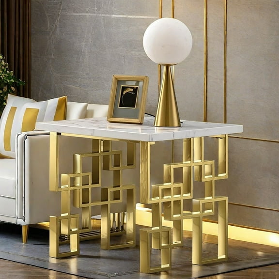 MIDOQIN Modern End Table, Square Living Room Side Table with Imitation Stone Texturetop & Gold Mirrored Metal Geometric Base Tea Table Coffee Table