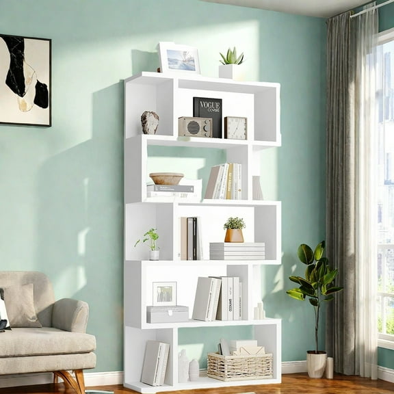 MIDOQIN Modern Geometric Bookcase, 5-Tier S shaped Bookshelf with Storage Space Freestanding Wood Decorative Display Book Shelves