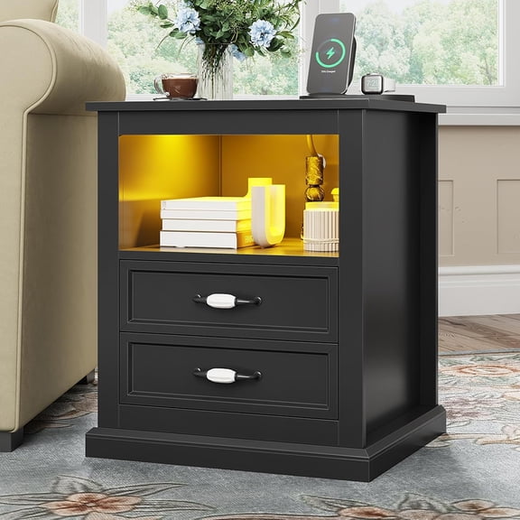 MIDOQIN Modern Nightstand with Charging Station & LED Lights, Wood Bedside Table with 2 Drawers & Open Storage Space, Side End Table Night Stand