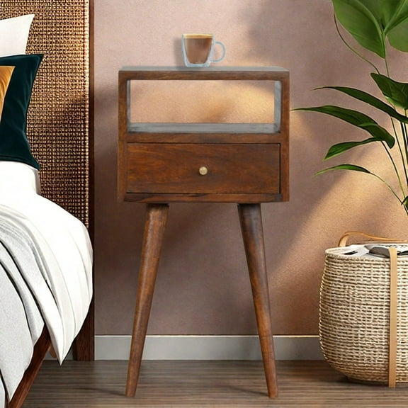 MIDOQIN Nightstand, Mid Century Modern Art Design Solid Wood Bedside Table with 1 Drawer & Open Storage Shelf Small Side End Table