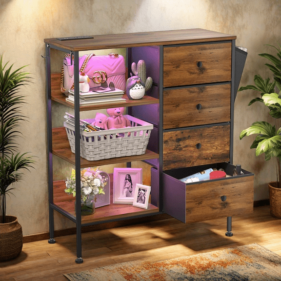 MIDOQIN Nightstand with Charging Station and LED Lights, Bedside Table with 3-Tier Shelf Modern 4 Drawers Dressers End Table with Wooden Top