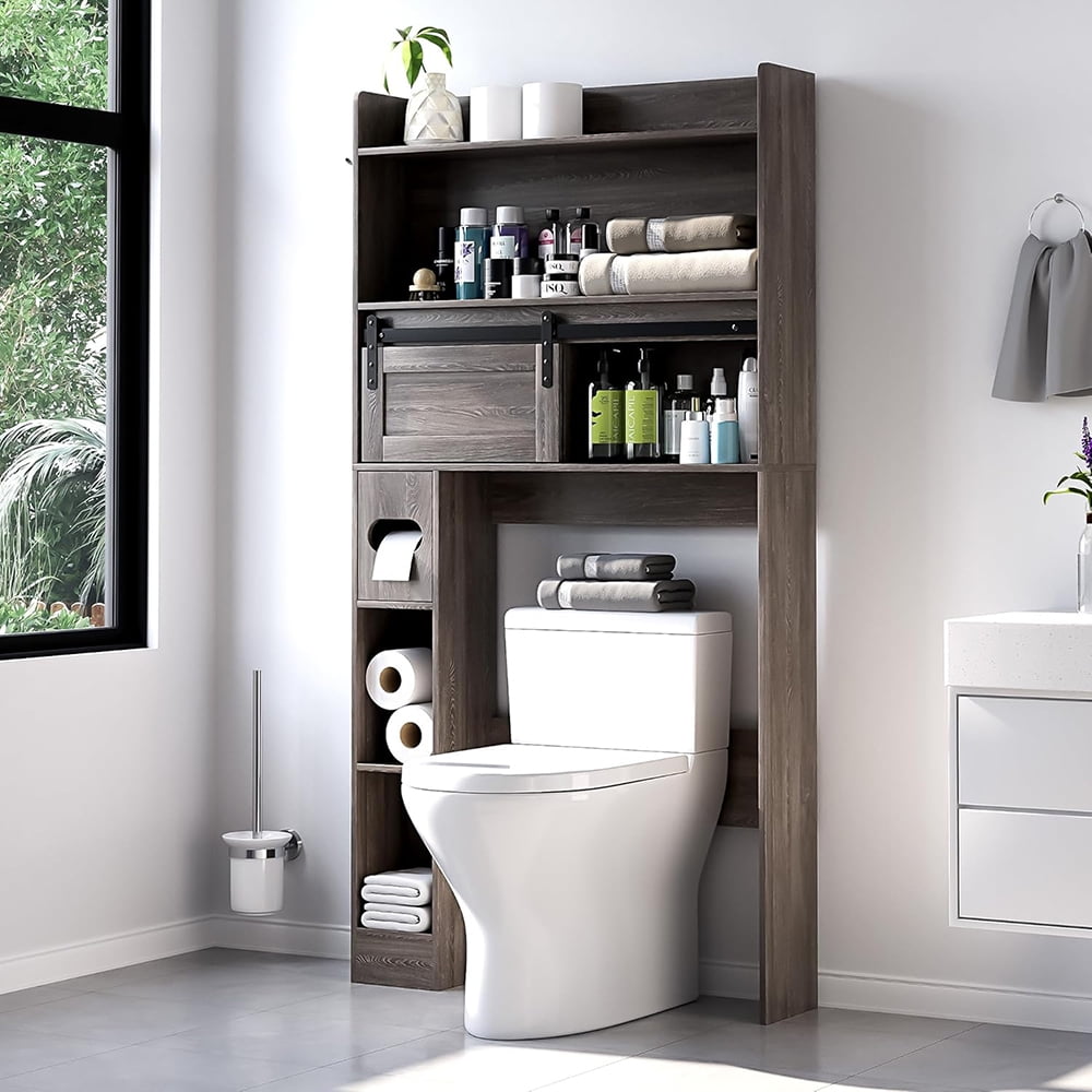 MIDOQIN Over The Toilet Storage Cabinet, Farmhouse Wooden 6-Tier Bathroom Organizer with Adjustable Bottom Bar Home Space-Saving Toilet Rack