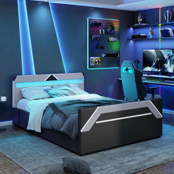 MIDOQIN Queen Bed Frame with 7-Color LED Lighting Upholstered Headboard, Side-Lift Hydraulic Storage Platform Bed, Queen Size Gaming Bed, No Box Spring Needed,Black Gray