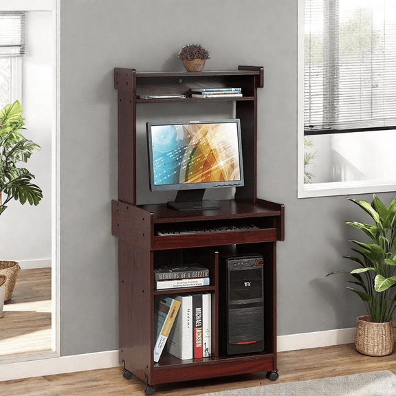 MIDOQIN Rolling Laptop Computer Desk Cart, Wooden Mobile Standing Desk with Gliding shelf & Narrow Storage