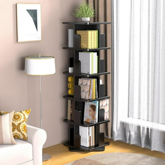 MIDOQIN Rotating Bookshelf, 5 Tier Rotating Bookshelf Tower, Floor Standing Bookcase Storage Rack, Wooden Small Corner Bookshelf for Small Spaces, Living Room