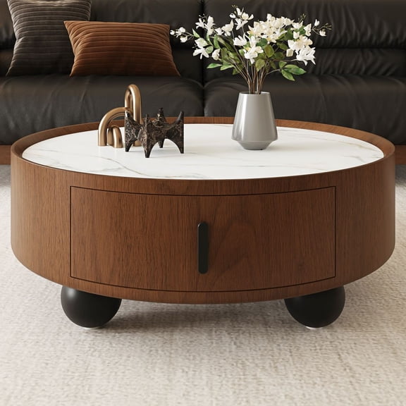 MIDOQIN Round Coffee Table,35" Wooden Overflow Prevention Coffee Table for Living Room, Mid Century Accent Table with Hidden Storage Drawer and Ball Feet, Bouguer Walnut