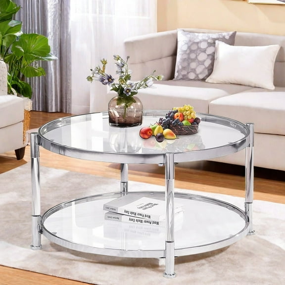 MIDOQIN Round Coffee Table with Glass Top, Modern Simple Acrylic Clear Center Table with Storage Shelf Tea Table Cocktail Table Living Room Table (Large)
