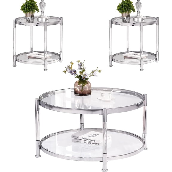 MIDOQIN Round Coffee Table with Glass Top, Modern Simple Acrylic Clear Center Table with Storage Shelf Tea Table Cocktail Table Living Room Table (Set of 3)